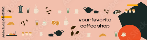 Collection of mugs, drinks and pastries from a coffee shop
