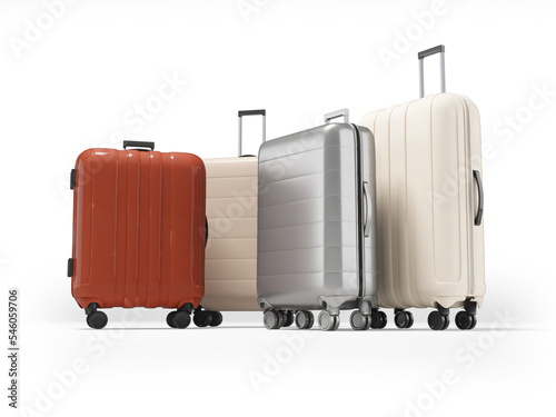 3d illustration of set of suitcases on wheels for tourist holidays on white background with shadow