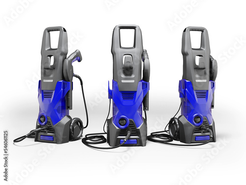 3D illustration of group of electric mini high- pressure washers for washing cars on white background with shadow