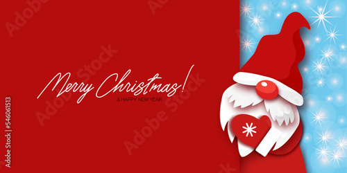 Christmas banner with Santa gnome. Winter holiday design for greeting card. Paper cutout hat, mustache and beard of Santa Claus. Merry xmas on red background. Paper cut out art style