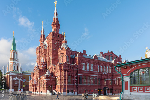State Historical Museum and towers of the Moscow Kremlin in Moscow, Russia. Architecture and sights of the Russian capital