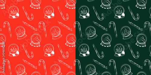 Christmas pattern on a red and green background with Christmas balls and sweets
