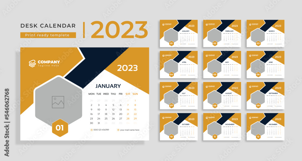 Set Desk Calendar 2023 template Creative design, 12 months included, corporate  desk calendar Stock Vector | Adobe Stock