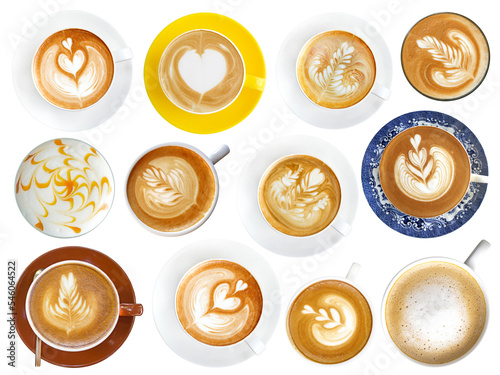 Coffee latte cup assortment with foam art isolated