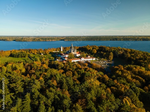 Aerial view of the Pazaislis monastery during fall in Kaunas, Lithuania