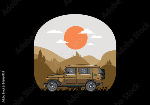 Off road car infront of mountain landscape illustration