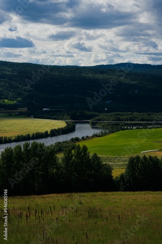 Vertical shot of a beautiful landscape with green fields, hills, and a river in Selbu, Norway