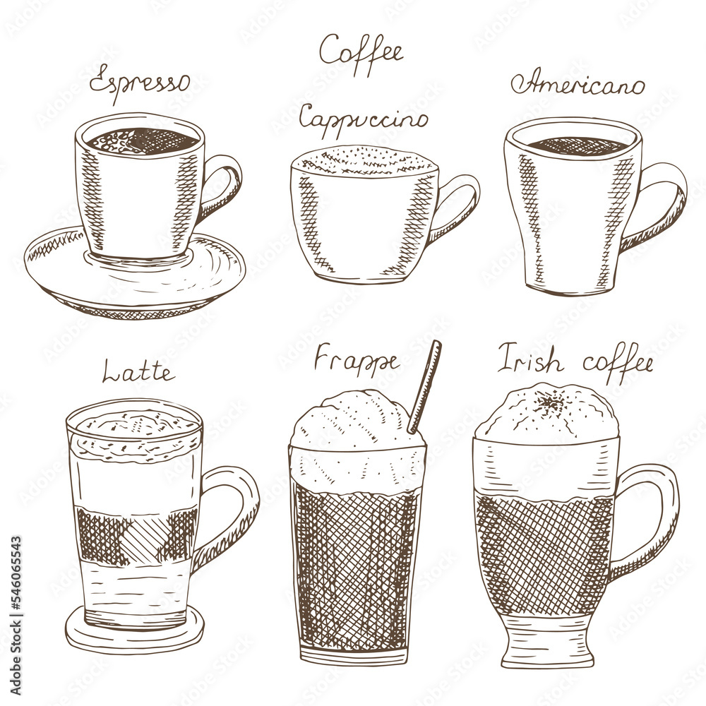 Coffee drinks set vector illustration, hand drawing sketch Coffee drinks set vector illustration, hand drawing sketch