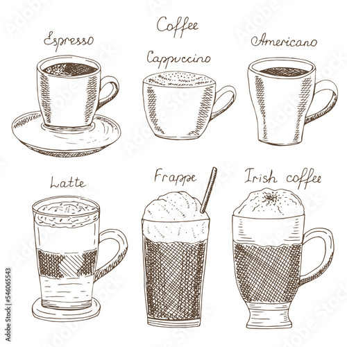 Coffee drinks set vector illustration, hand drawing sketch
