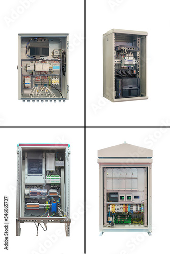 modern electrical control cabinets with open front door, isolated on a white background