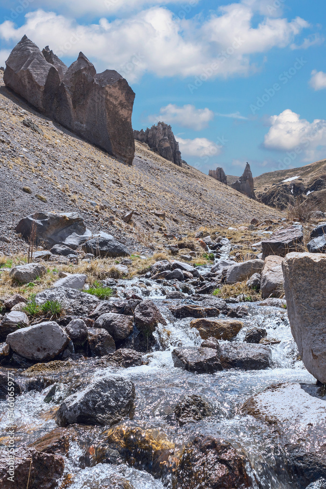 fast-moving stream with jagged rocks in the background in the Caucasus mountains, Russia