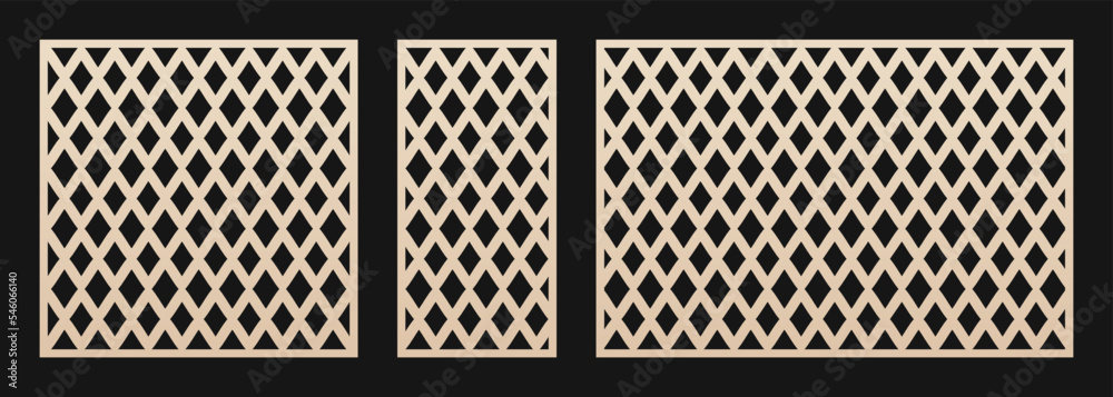 Laser cut panel. Vector template with abstract geometric pattern, grid, mesh, net, lattice ornament. Decorative stencil for laser cutting of wood, metal, plastic, engraving. Aspect ratio 1:1, 1:2, 3:2 Laser cut panel. Vector template with abstract geometric pattern, grid, mesh, net, lattice ornament. Decorative stencil for laser cutting of wood, metal, plastic, engraving. Aspect ratio 1:1, 1:2, 3:2