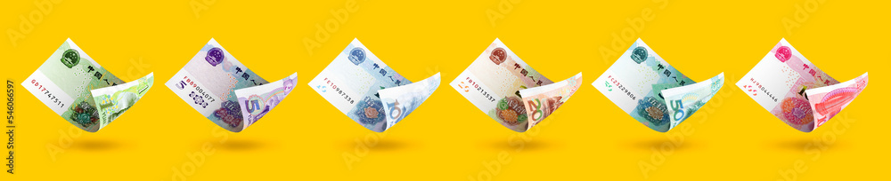 Set of Chinese yuan notes denominations. 3d illustration - obrazy, fototapety, plakaty 