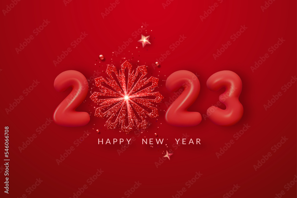 2023 3d realistic numbers, decor and snowflake. Red balloons. Festive concept. Merry Christmas and Happy New Year 2023 greeting card