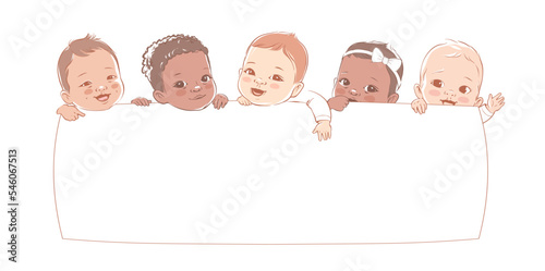 Multicultural babies hold a blank board. Cute little baby on a white background. Show a blank poster for text entry. Banner. Cartoon Vector illustration. Isolated.