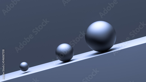 Metal balls roll down the slope. Balls of various sizes abstract concept, banner, wallpaper. 3D render.