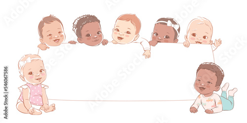 Multicultural babies hold a blank board. Cute little baby on a white background. Show a blank poster for text entry. Banner. Cartoon Vector illustration. Isolated.