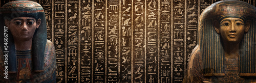Fotobehang Egyptian mummy on background of ancient Egyptian hieroglyphs