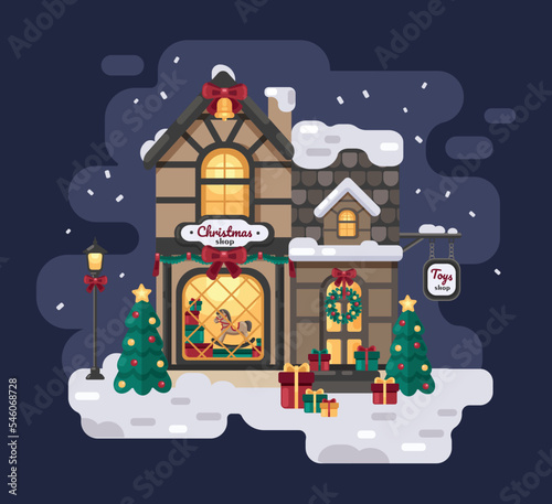 Winter vector shop of Christmas toys in a flat style. Illustration of a Christmas shop with a tiled roof, snowfall and snowdrifts, with gift boxes and a Christmas tree.