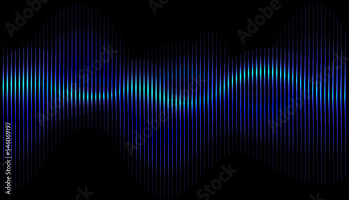 Neon movement of blue musical sound wave on black background