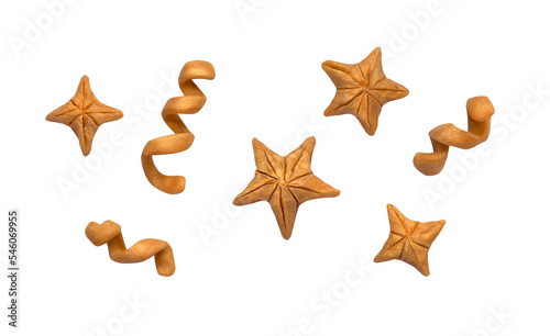 A set of golden stars and spirals. Made of plasticine.