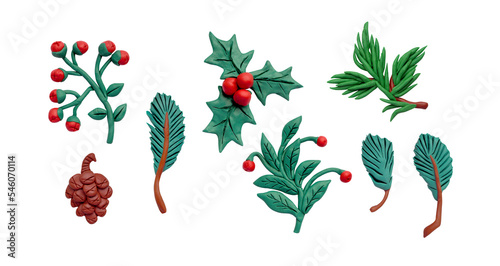 Set of plasticine plants. Paddub, Hypericum, pine branch, spruce branches, cone. photo