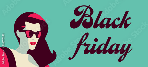 Black Friday retro style banner, woman fashion, vector quality