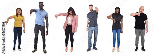 group of women and men thumb down over white background