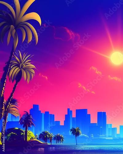  sun in the sky and palm trees, digital game art, visually stunning