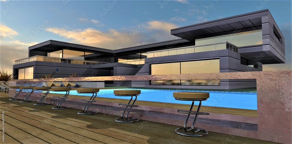 Several bar stools lined up in front of a pool in the backyard of a