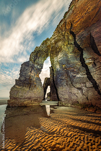 1006: Las Catedrales beach is the tourist name for Aguas Santas beach, located in the Galician municipality of Ribadeo, on the coast of the province of Lugo, Spain, on the Cantabrian Sea. photo