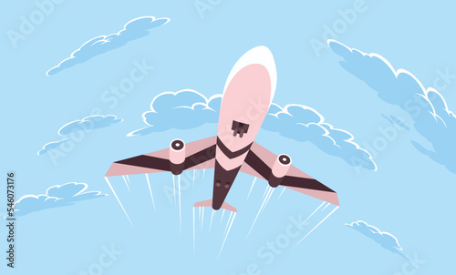 Plane takes off or landing. Modern passenger air transport on sky background. Travel transportation aviation concept in cartoon flat style