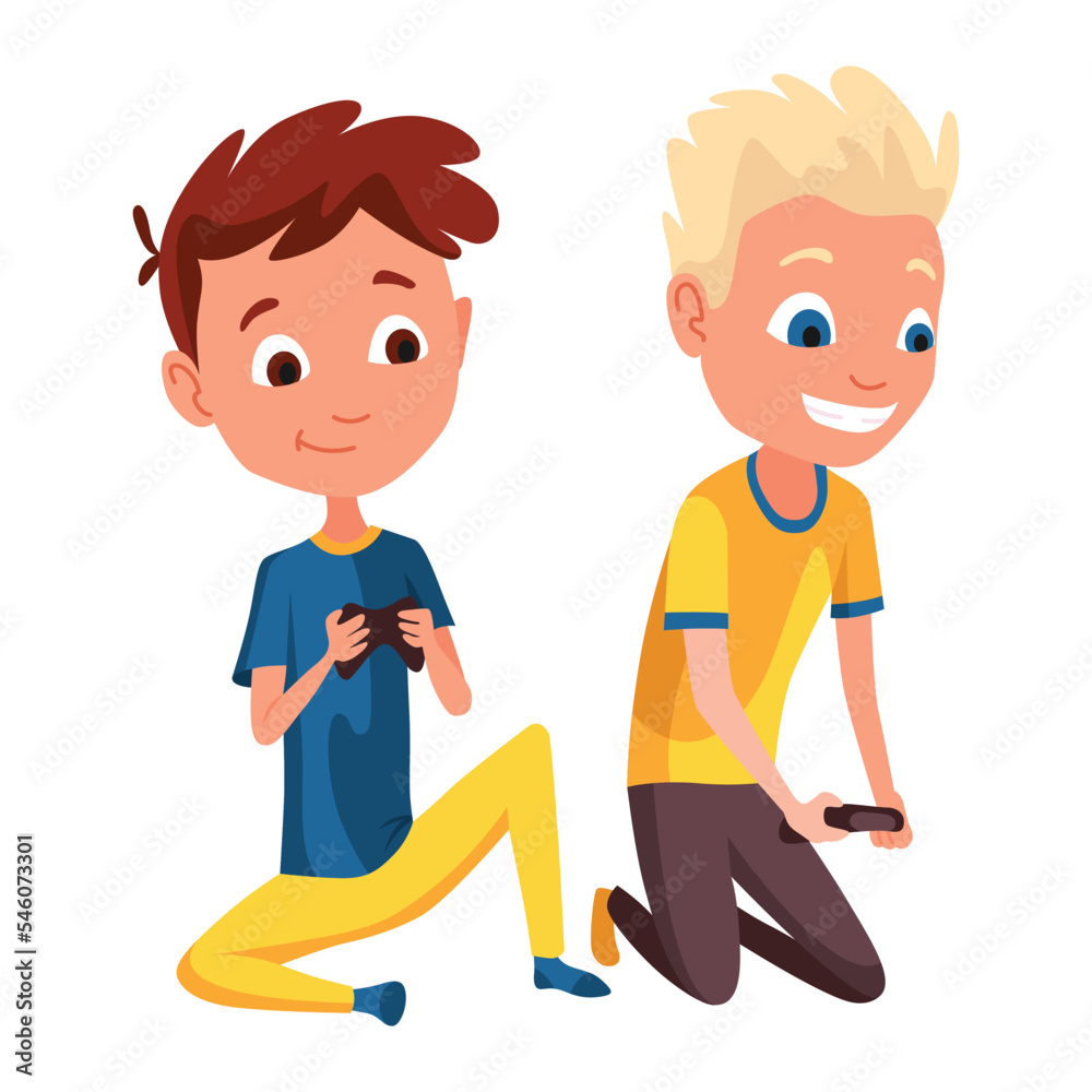 Video gaming kids. Boys playing games on joystick on game console. Kids video game addiction. Joyful teenagers. Vector illustration of flat design