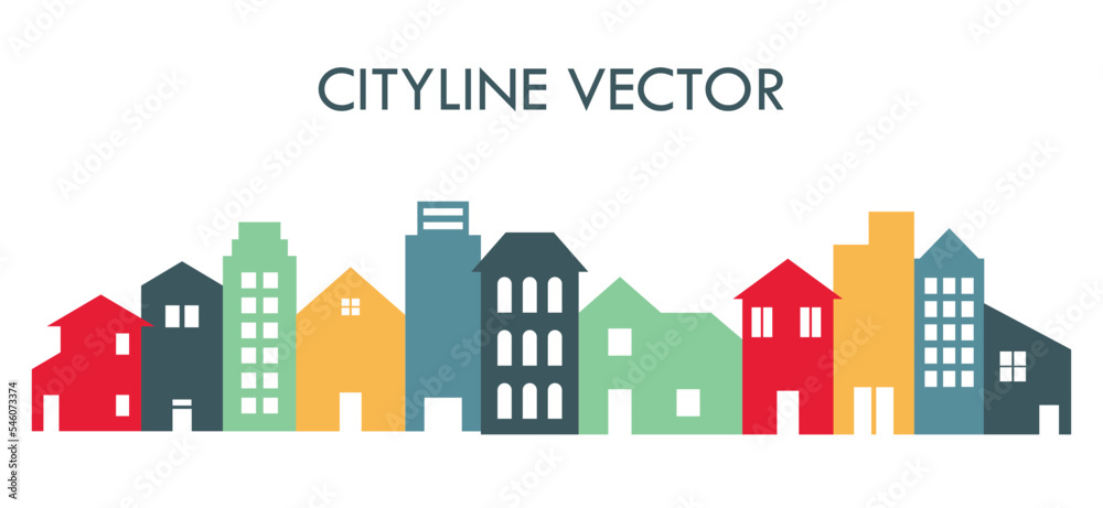 City buildings silhouette, isolated colorful town skyline illustration