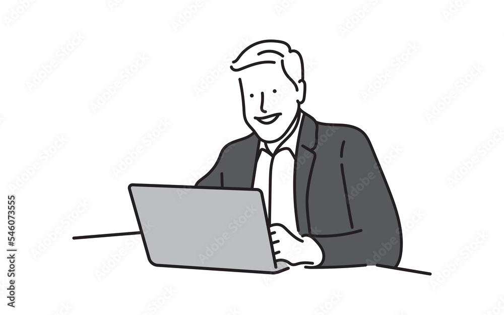 Cheerful young businessman working with laptop with smile on face.