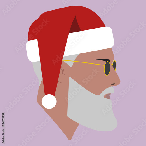 Santa hat. Portrait. Silhouette. Bearded guy in Santa hat. Man in sunglasses. Male head with beard. Man head silhouette. Man Flat illustration. 