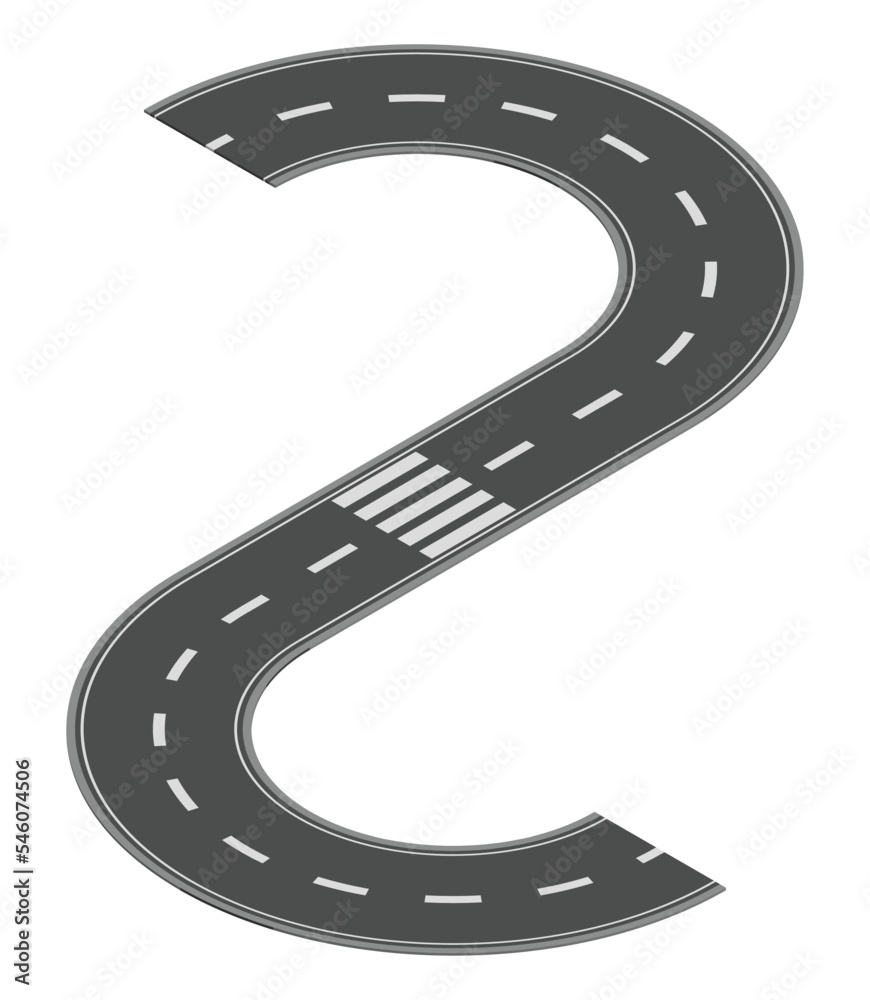 Isometric road element for highway city street map traffic creation. Asphalt part of road and route with curve Isometric road element for highway city street map traffic creation. Asphalt part of road and route with curve