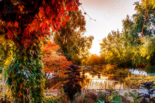 Autumn early morning light at sunrise in Planten un Blomen park in Hamburg