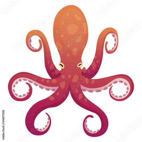 Octopus cartoon flat character with suckers on hands. Aquatic fauna icon. Animal illustration for zoo ad, nature concept. Cute color octopus, sea animal with tentacles