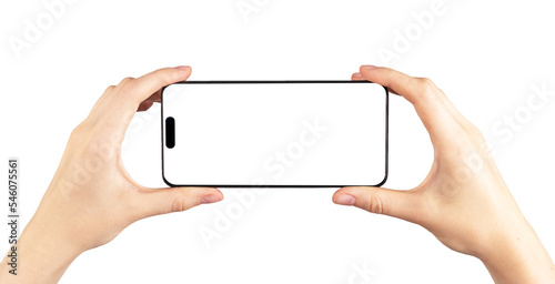 I-phone 14 pro screen mockup in horizontal orientation for video watch, smart phone display template for application ad, advertisement, promotion.