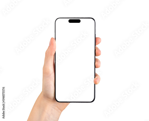 Hand hold phone screen mockup of new iphone 14 pro isolated on white background. Template with empty display. Smartphone mockup. 