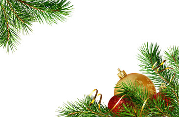 Pine twigs and Christmas decorations in corners isolated on white or transparent background
