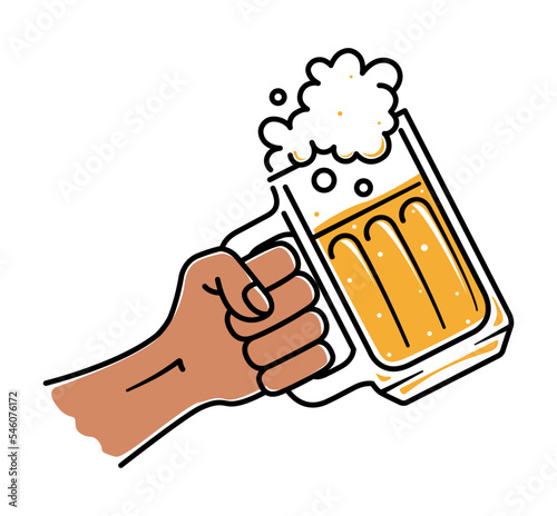 A hand holds a glass mug of beer with foam on a white background. The concept of alcoholic drinks. Vector, illustration