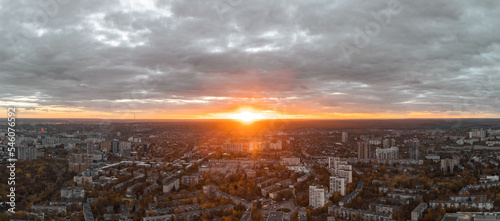 Aerial city view at sunset, Kharkiv center streets