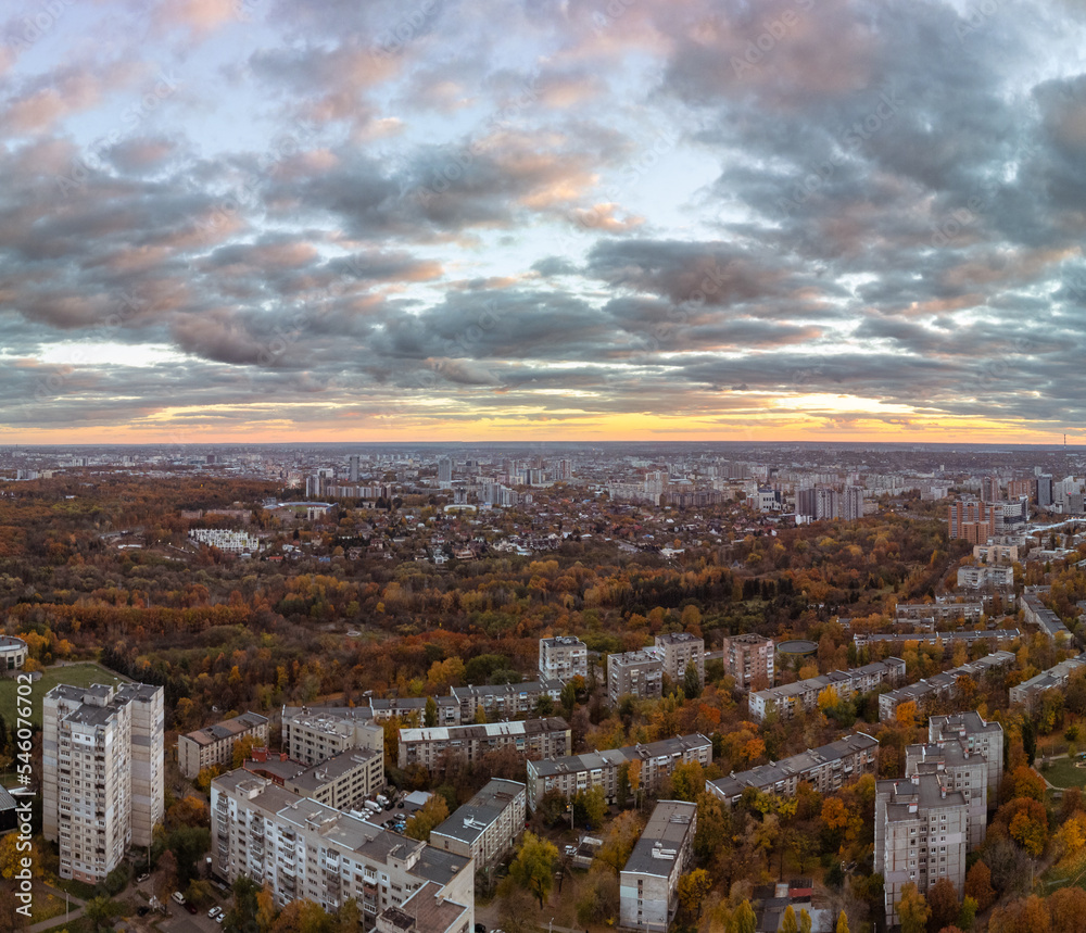 Aerial Kharkiv city epic sunset, autumn cityscape