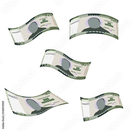 Liberian Dollar Vector Illustration. Liberia money set bundle banknotes. Falling, flying money 100 LRD. Flat style. Isolated on white background. Simple minimal design.