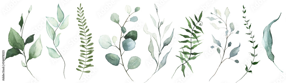 Watercolor floral set of green leaves, greenery, branches, twigs etc.  Cut out hand drawn PNG illustration on transparent background. Watercolour clipart drawing. - obrazy, fototapety, plakaty 