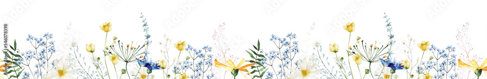 Watercolor painted floral seamless border. Green and yellow wild flowers, branches, leaves and twigs. Cut out hand drawn PNG illustration on transparent background. Watercolour clipart drawing. - obrazy, fototapety, plakaty 