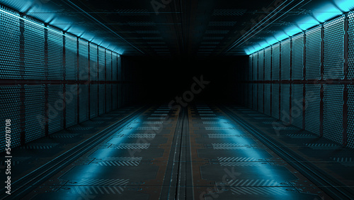  sci fi lounge with blue and orange neon 3d rendering © ArtDigital