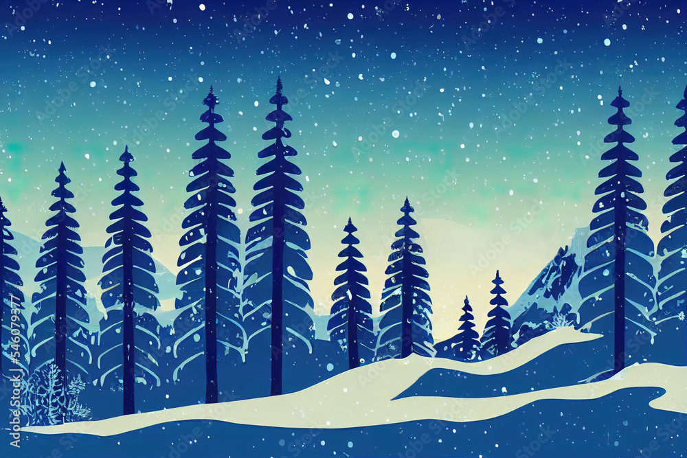 Waldlandschaft bei Nacht im Winter bei Schneefall, Illustration